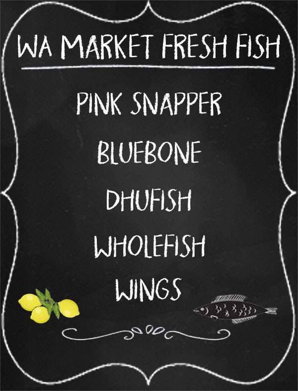 WA Market Fresh Fish blackboard with list of fresh fish